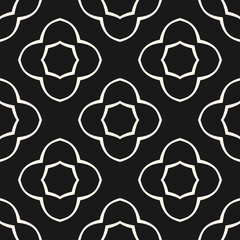 Monochrome vector geometric floral seamless pattern. Abstract minimal linear ornament texture with curved shapes, outline flower silhouettes. Black and white background. Simple modern repeated design