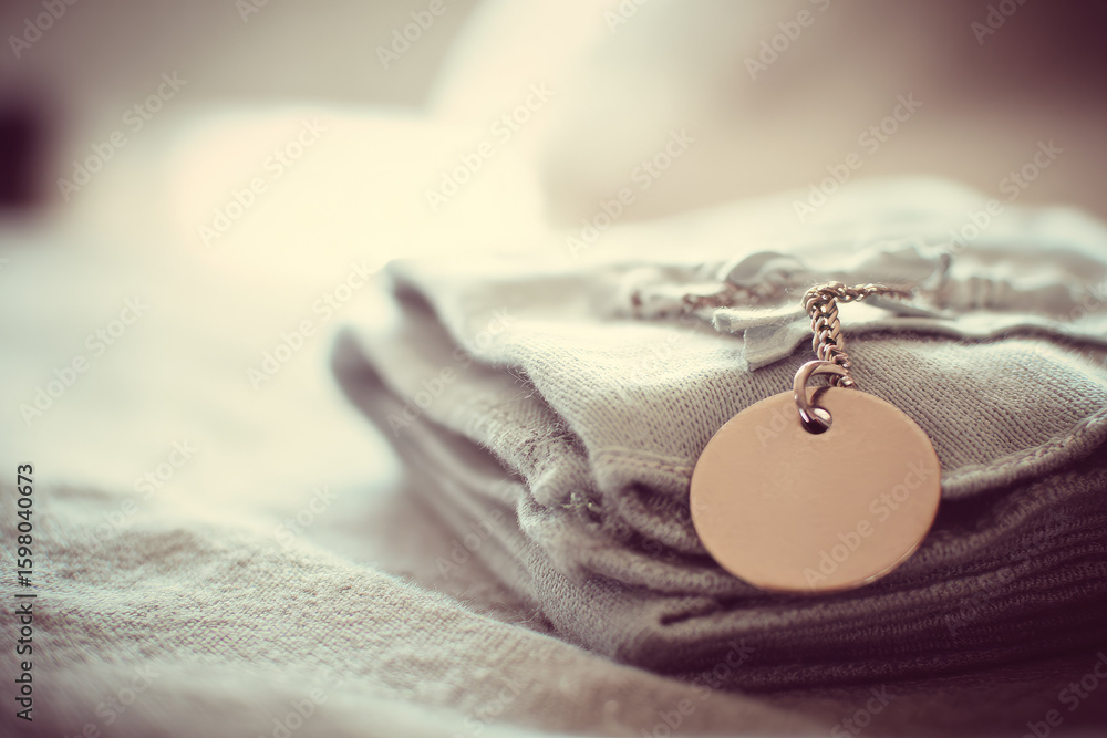 Poster folded cloth with soft texture and single round blank tag attached by chain, creating calm and minim