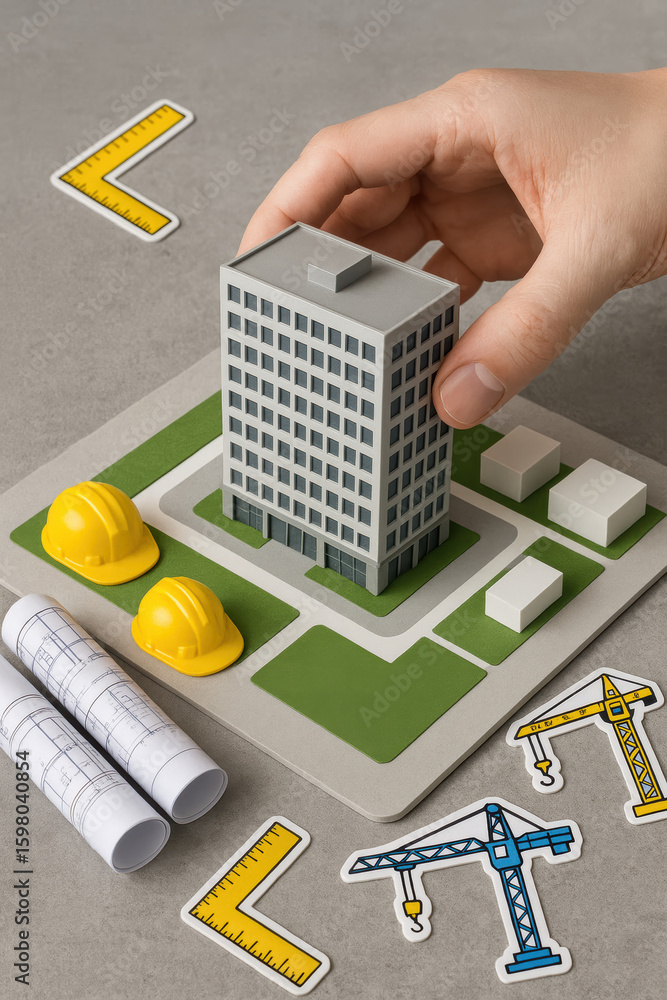 Poster planning and development build architecture design model with hand lifting office building layout an