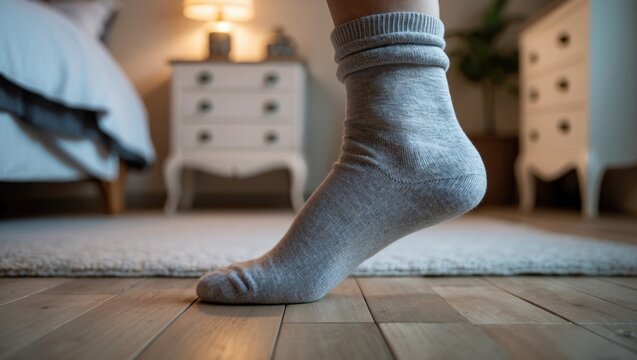 A person wearing a gray sock standing on a wooden floor in a cozy bedroom.