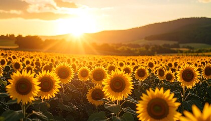 Obraz premium Golden Hour Sunlit Sunflower Field with Rolling Hills in the Background