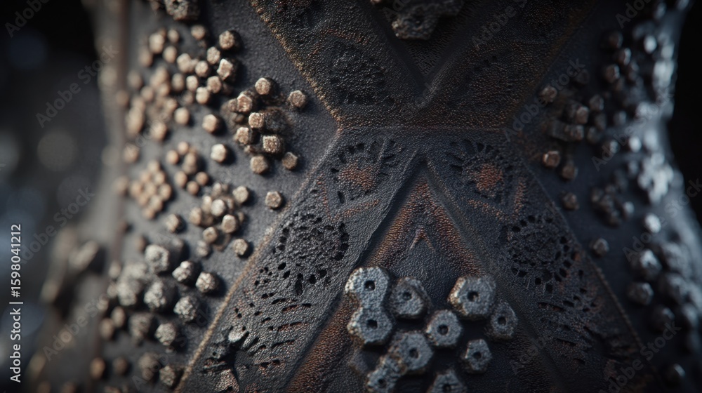 Poster close up view reveals complex geometric patterns and textures on the surface of a rocket combustion 