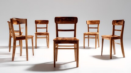 A collection of five vintage wooden chairs arranged in a semi circle against a neutral background