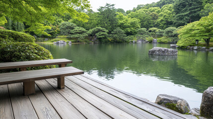tranquil Japanese garden featuring serene pond surrounded by lush greenery and wooden decking, inviting relaxation and reflection