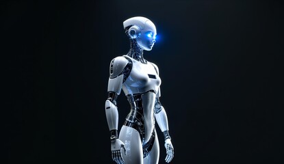 Advanced humanoid robot with sleek design and glowing blue accents against a dark background