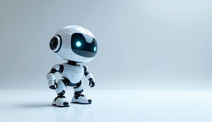 A small, white and black robot with glowing blue eyes stands on a reflective surface against a neutral background.