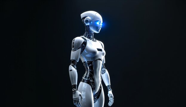 Advanced humanoid robot with sleek design and glowing blue accents against a dark background