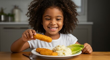 Young girl enjoys fish stick with mashed potatoes and lettuce on white plate at the table