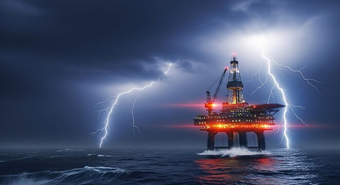 Offshore oil platform stands against a dramatic stormy sea, illuminated by bright lightning strikes during a powerful thunderstorm.