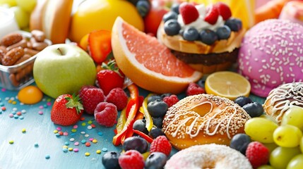 Obraz premium Healthy foods like fruits and vegetables are contrasted against 'bad' foods such as fast food, sweets and pastry. It represents the conflicts a diet and detox lifestyle.