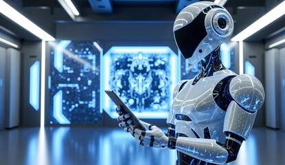 Robot holding a tablet in a futuristic, high-tech environment with illuminated panels.