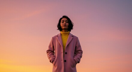 Young adult woman portrait with pink sky background at sunset sunrise