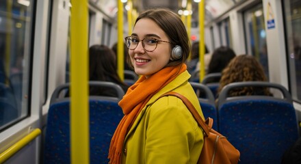 Young woman commuting by public transport with scarf and backpack