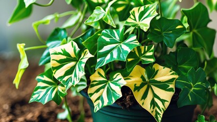 A plant with variegated green and yellow leaves in a pot. Indoor gardening, plant care, foliage, and decorative plant.