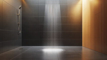 modern bathroom featuring sleek shower with cascading water, elegant tiles, and warm lighting creates serene atmosphere