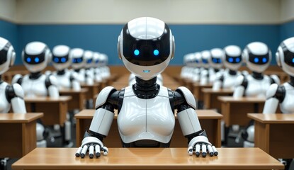 Classroom filled with humanoid robots seated at desks, facing forward.