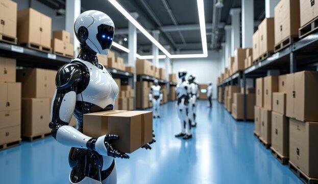 Robots carrying boxes in a modern warehouse