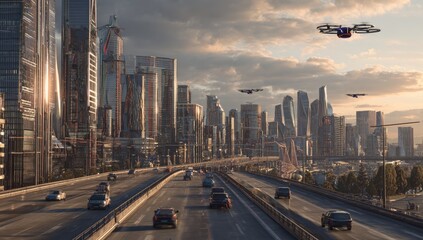 Obraz premium Futuristic city skyline with highway and drones