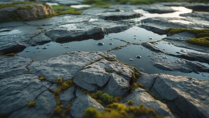 Close-up of rocky surface with water pools and patches of moss, highlighting natural textures and details.