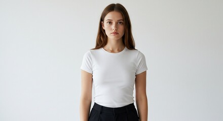 Young woman in white t shirt on white background clean simple portrait