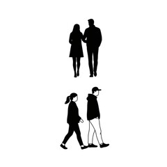 Silhouetted couples walking together, one casual, one more formal in black and white