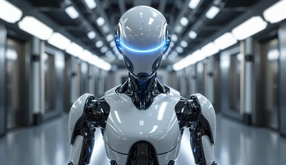 Advanced humanoid robot with glowing blue eyes standing in a futuristic corridor