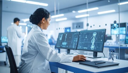 A scientist analyzes medical scans on dual monitors in a modern laboratory setting.