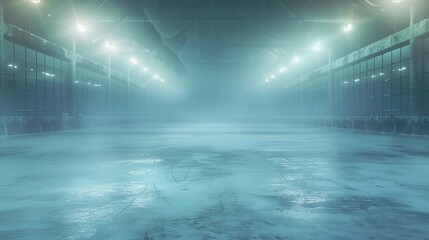 Icy floor and frosty mist. Snowy backdrop. An empty skating rink lit up by spotlights.