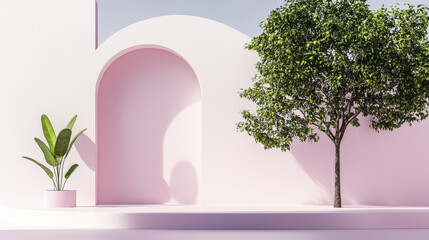 serene pink architectural space featuring lush green tree and potted plant, creating calming atmosphere