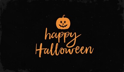 Happy Halloween text with a pumpkin on a dark background