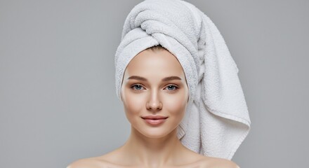 Young woman portrait with white towel wrapped around head on neutral background beauty skincare