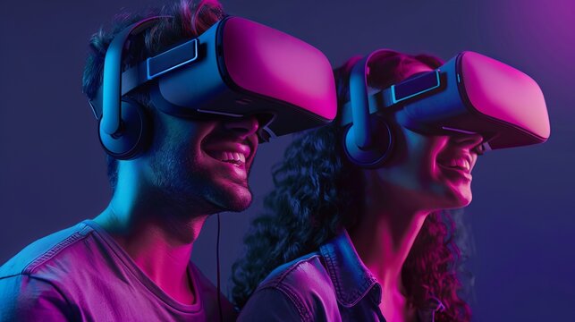 In the virtual world, a man and a woman wear VR headsets. They explore immersive VR worlds and play online games together.