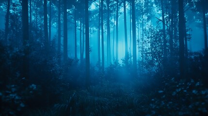 Exploring Mystical Blue Forest with Fog and Tall Trees Landscape