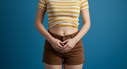 Young woman posing in striped shirt and shorts studio portrait