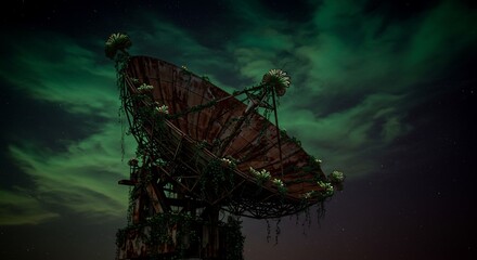 Abandoned satellite dish under green sky overgrown with plants post apocalyptic era communication technology