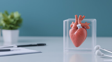 detailed anatomical model of human heart displayed in clear case, symbolizing health and education in medical science