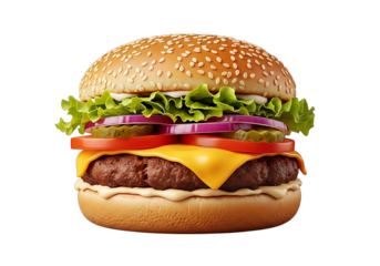 Delicious and Mouthwatering Burger with Fresh Ingredients on a Black Background, Perfect for Food Lovers and Fast Food Enthusiasts