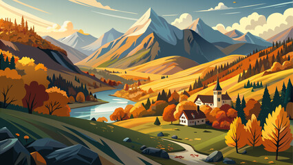 Very beautiful Autumn panoramic in the Aspe Valley, Pyrenees in France.