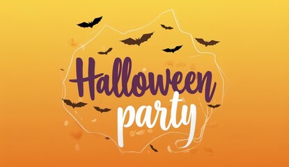Halloween Party Text with Bats on Orange Background