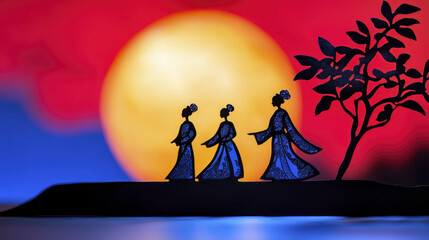 Elegant silhouettes of three women in traditional attire walk against vibrant sunset backdrop, creating serene and artistic scene