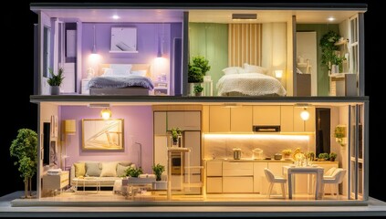 Fototapeta premium Two-story dollhouse model, lit interiors