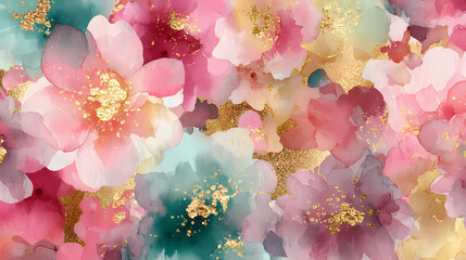 Abstract floral watercolor painting with gold accents isolated on transparent background