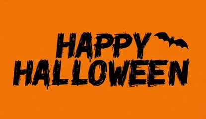 Happy Halloween text on an orange background with a bat silhouette