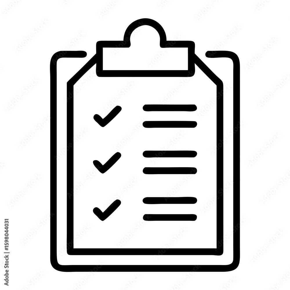 Poster black outline of a clipboard with check marks and horizontal lines indicating a list of tasks done o