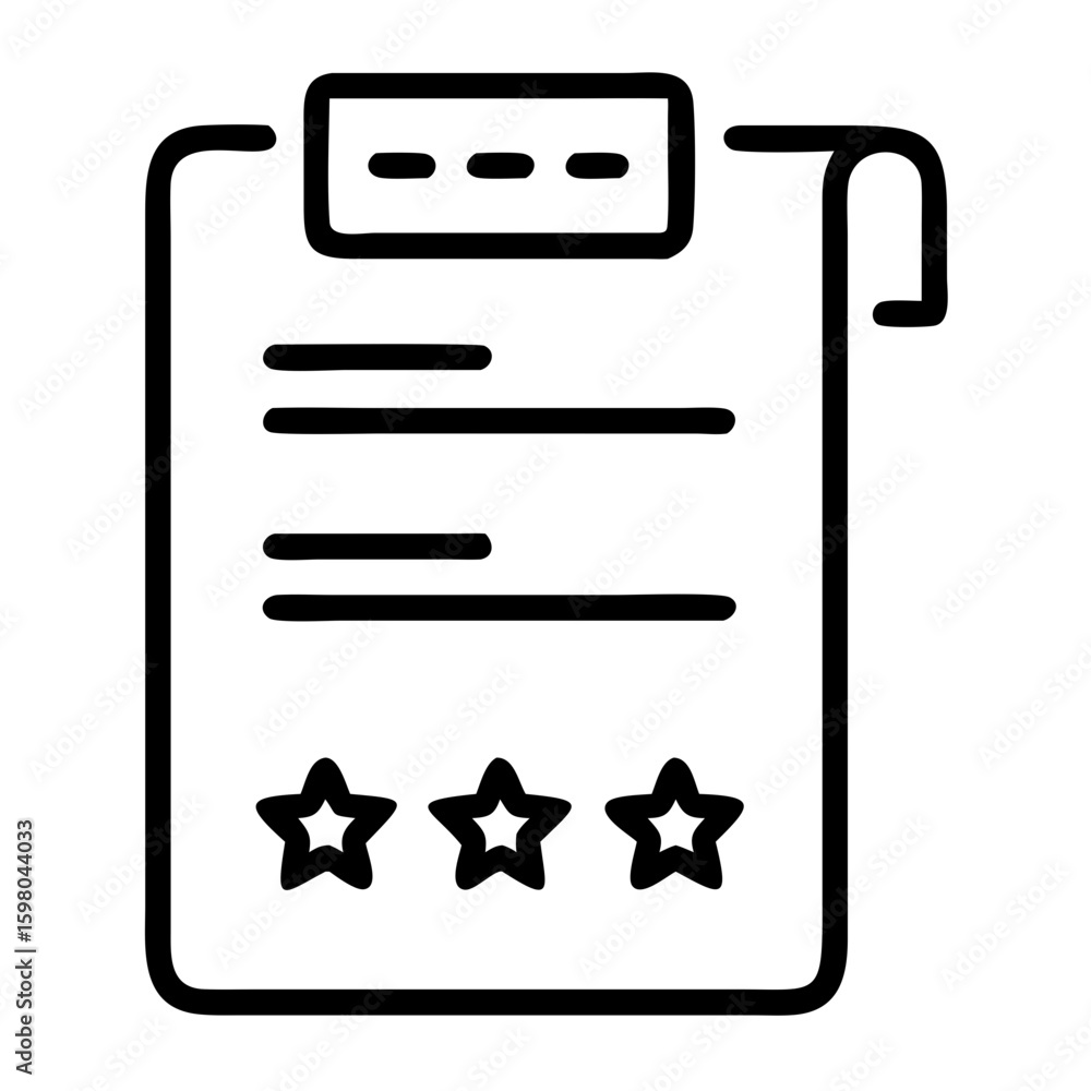 Poster illustration of a clipboard with document, three stars, and a header block with dashes inside it