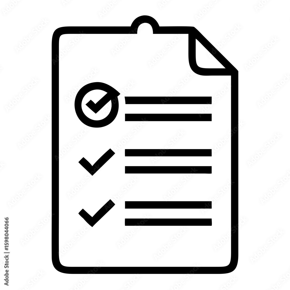 Poster checklist on a clipboard with completed tasks and a curled page corner in a black and white line art