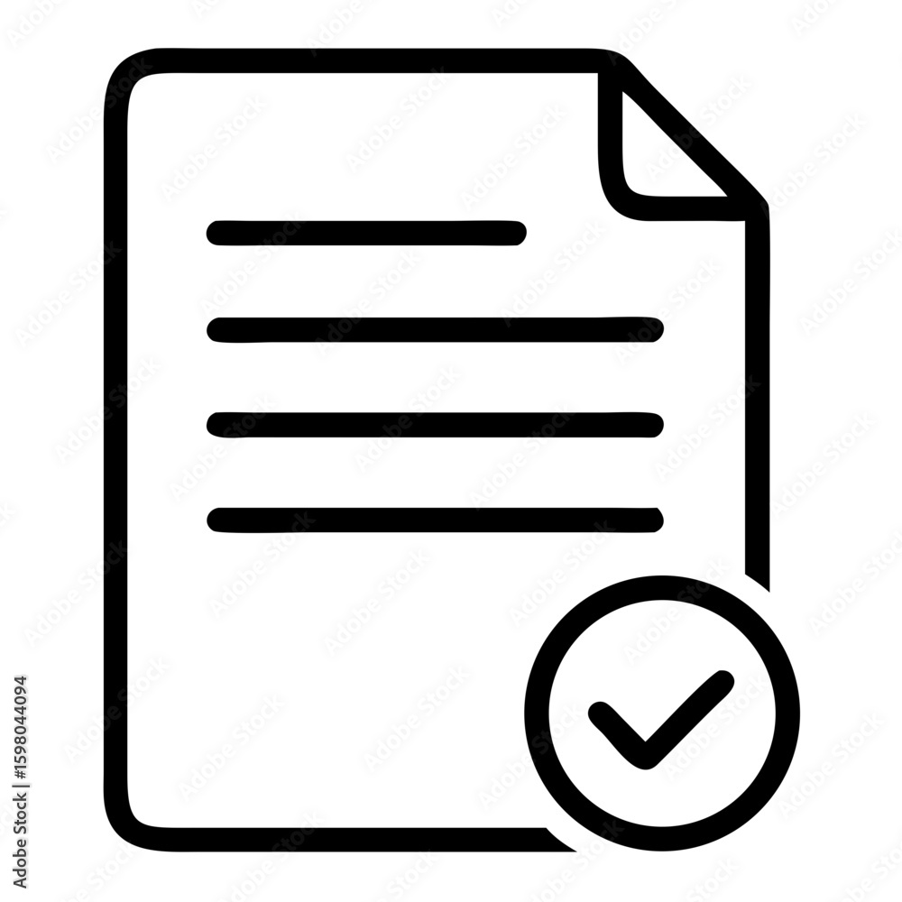 Fototapete document with lines and a curled corner and a checkmark inside a circle indicating approval on a whi