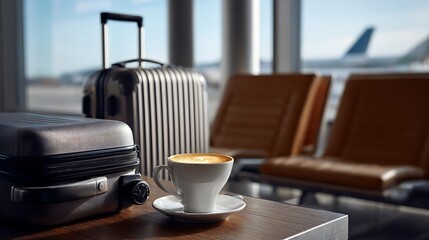 Luggage beside coffee on small airport lounge table