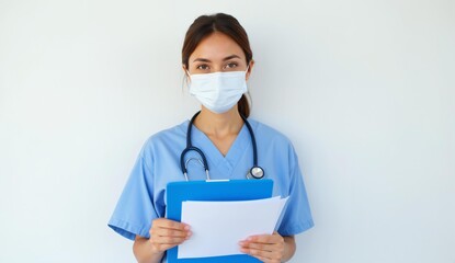 Healthcare professional in blue scrubs holding a clipboard and wearing a face mask