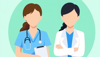 Two healthcare professionals, one in scrubs with a stethoscope and the other in a lab coat, standing side by side.